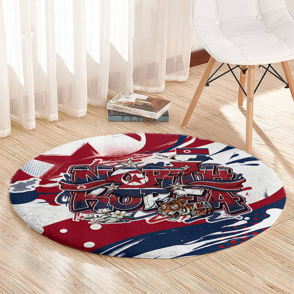 North Korea Flag Day Rise With The Flag Round Carpet Dynamic Red Star Paint Splatter With Tiger