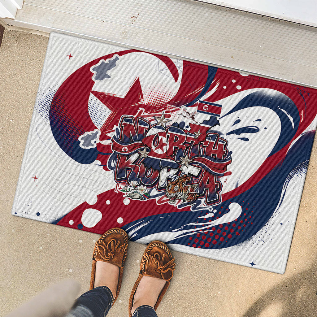 North Korea Flag Day Rise With The Flag Rubber Doormat Dynamic Red Star Paint Splatter With Tiger
