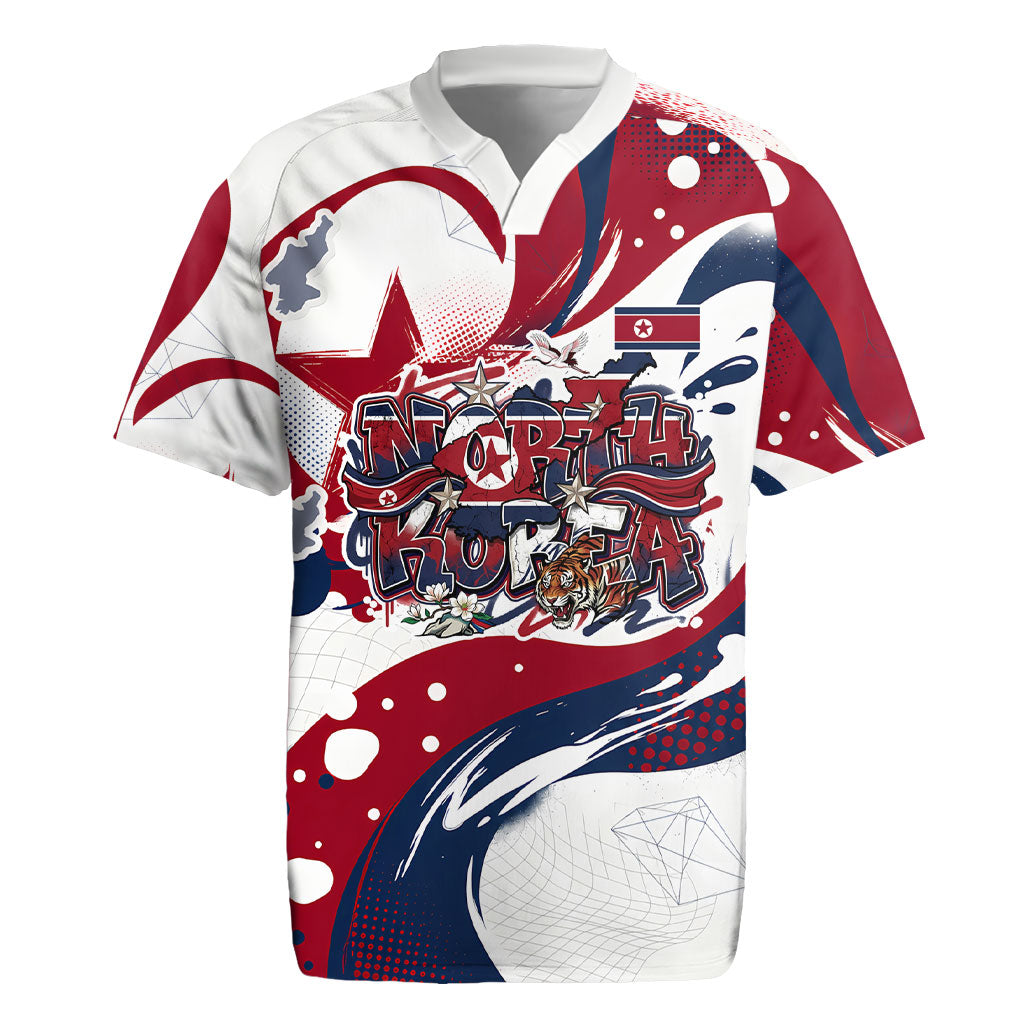 North Korea Flag Day Rise With The Flag Rugby Jersey Dynamic Red Star Paint Splatter With Tiger