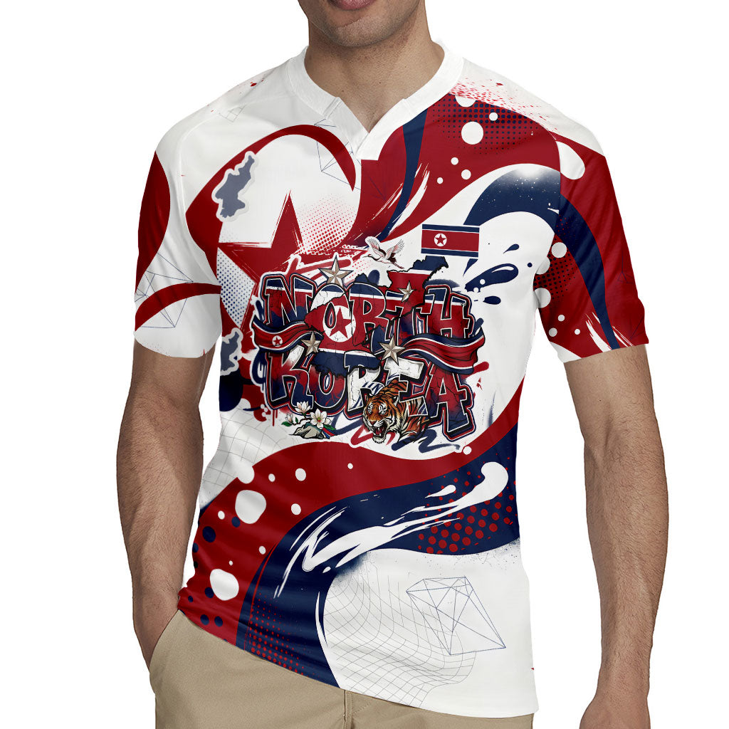 North Korea Flag Day Rise With The Flag Rugby Jersey Dynamic Red Star Paint Splatter With Tiger