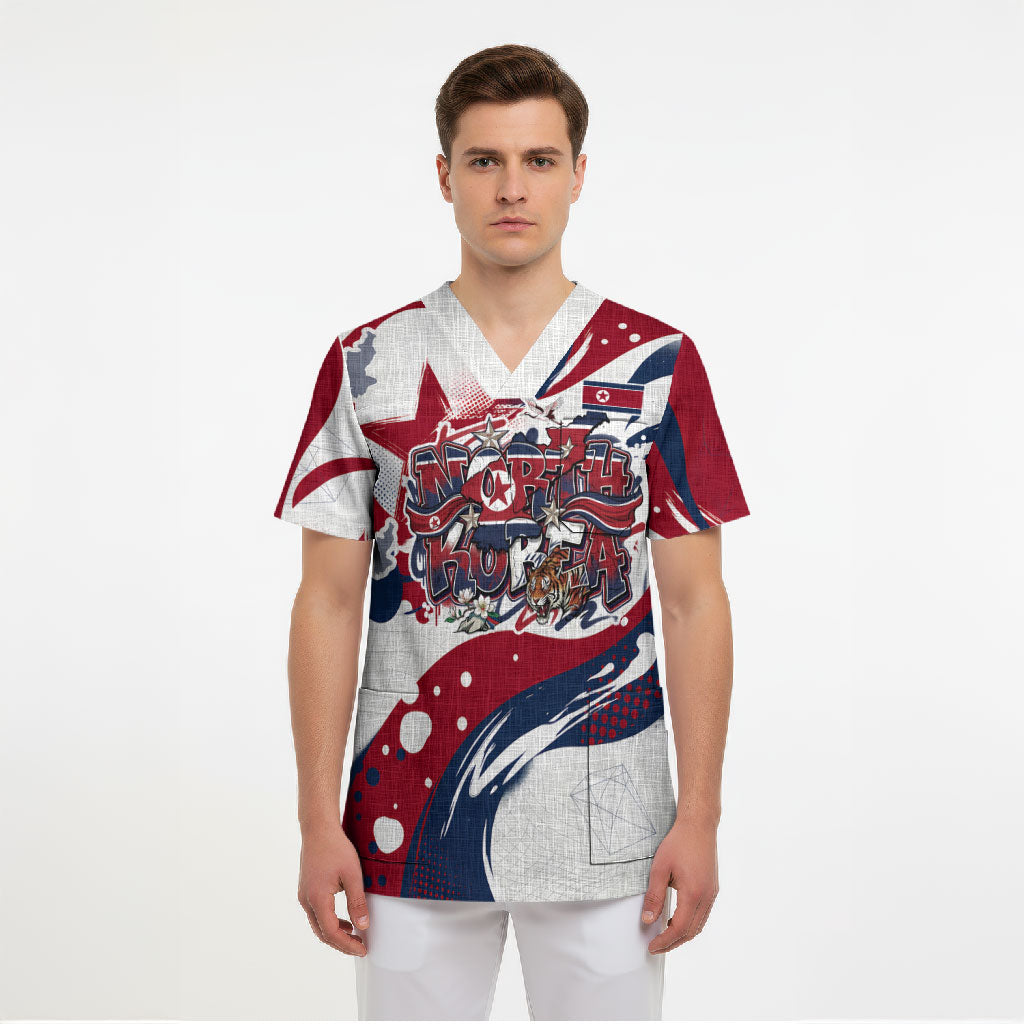 North Korea Flag Day Rise With The Flag Scrub Top Dynamic Red Star Paint Splatter With Tiger
