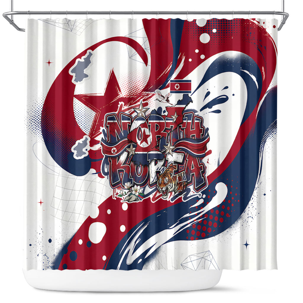 North Korea Flag Day Rise With The Flag Shower Curtain Dynamic Red Star Paint Splatter With Tiger