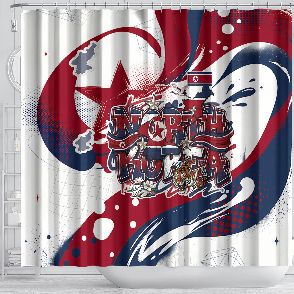 North Korea Flag Day Rise With The Flag Shower Curtain Dynamic Red Star Paint Splatter With Tiger