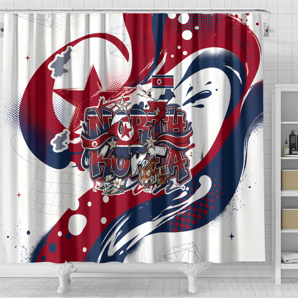 North Korea Flag Day Rise With The Flag Shower Curtain Dynamic Red Star Paint Splatter With Tiger