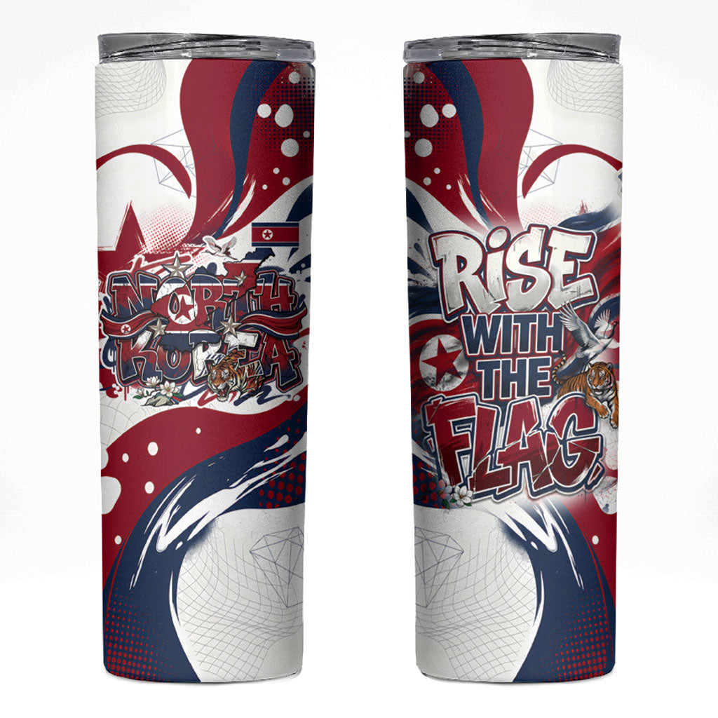 North Korea Flag Day Rise With The Flag Skinny Tumbler Dynamic Red Star Paint Splatter With Tiger