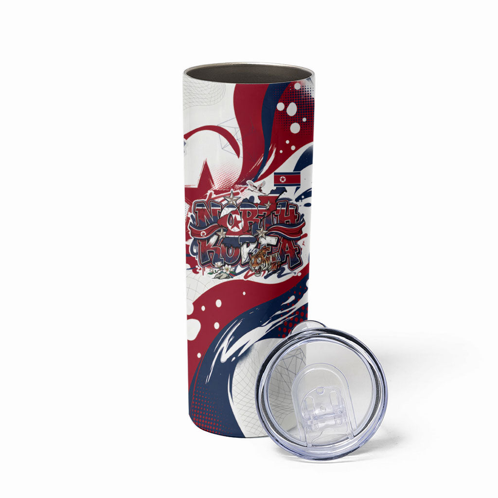 North Korea Flag Day Rise With The Flag Skinny Tumbler Dynamic Red Star Paint Splatter With Tiger