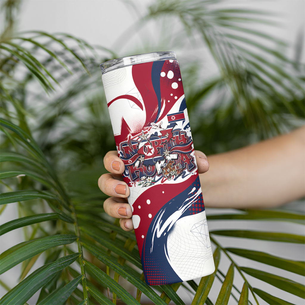 North Korea Flag Day Rise With The Flag Skinny Tumbler Dynamic Red Star Paint Splatter With Tiger