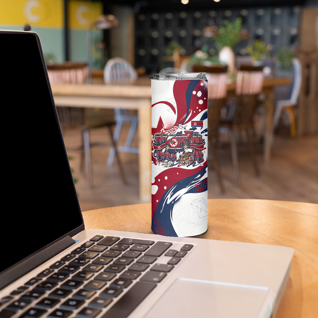 North Korea Flag Day Rise With The Flag Skinny Tumbler Dynamic Red Star Paint Splatter With Tiger