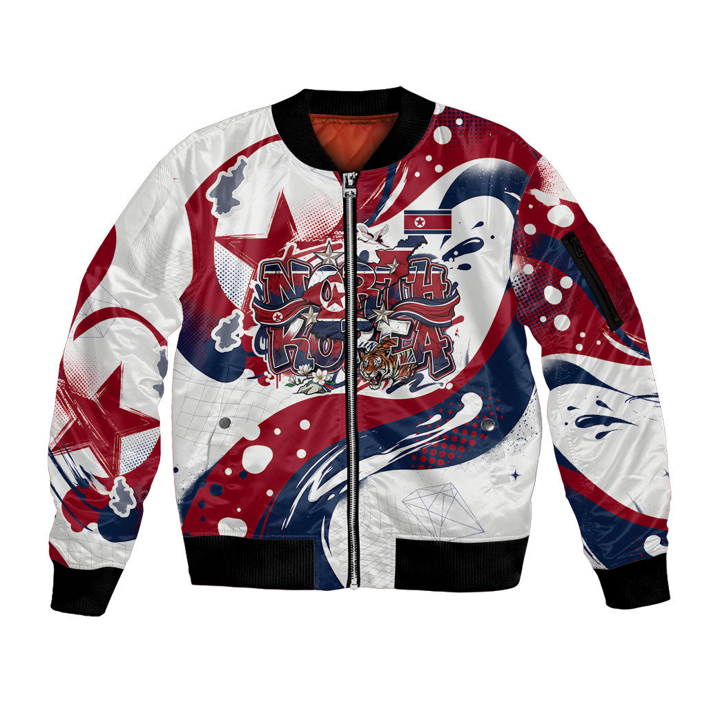 North Korea Flag Day Rise With The Flag Sleeve Zip Bomber Jacket Dynamic Red Star Paint Splatter With Tiger