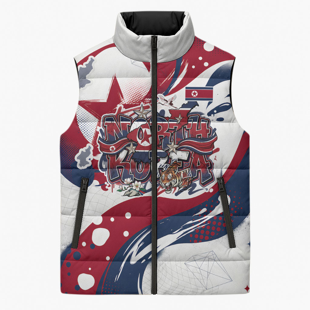 North Korea Flag Day Rise With The Flag Sleeveless Puffer Jacket Dynamic Red Star Paint Splatter With Tiger