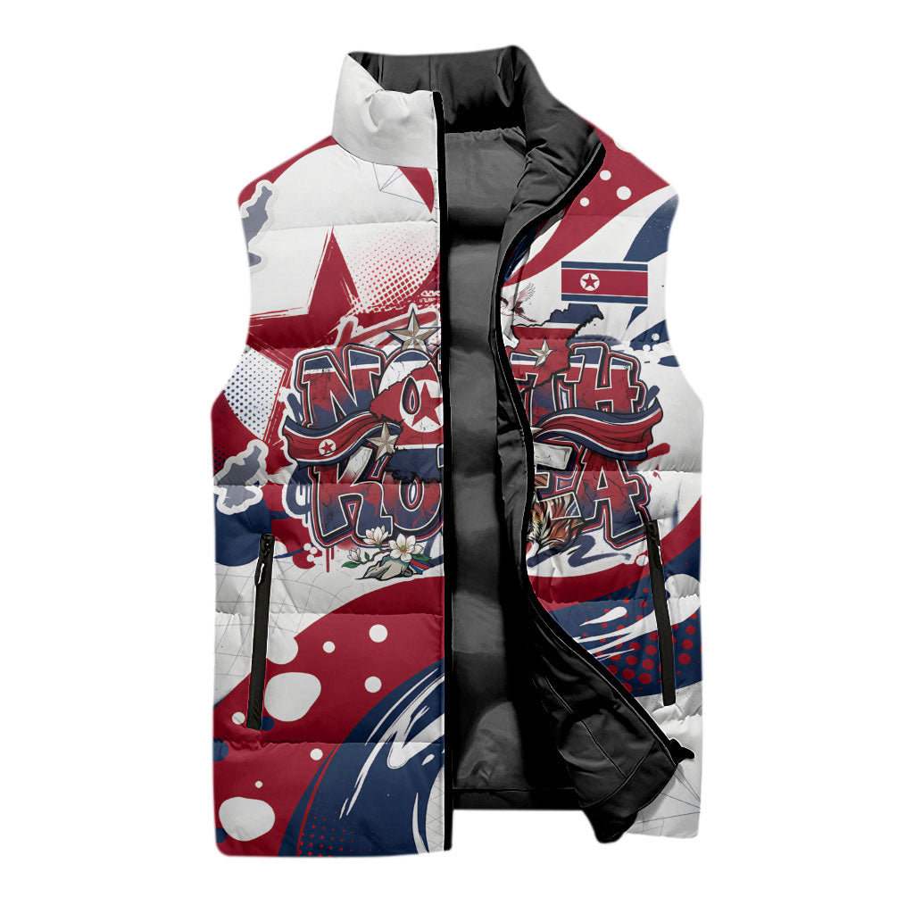 North Korea Flag Day Rise With The Flag Sleeveless Puffer Jacket Dynamic Red Star Paint Splatter With Tiger