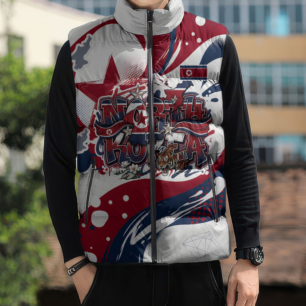 North Korea Flag Day Rise With The Flag Sleeveless Puffer Jacket Dynamic Red Star Paint Splatter With Tiger