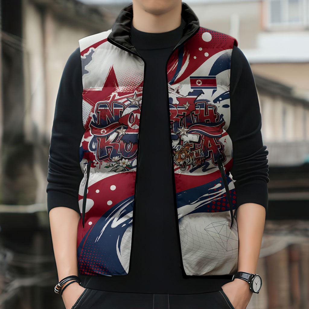 North Korea Flag Day Rise With The Flag Sleeveless Puffer Jacket Dynamic Red Star Paint Splatter With Tiger