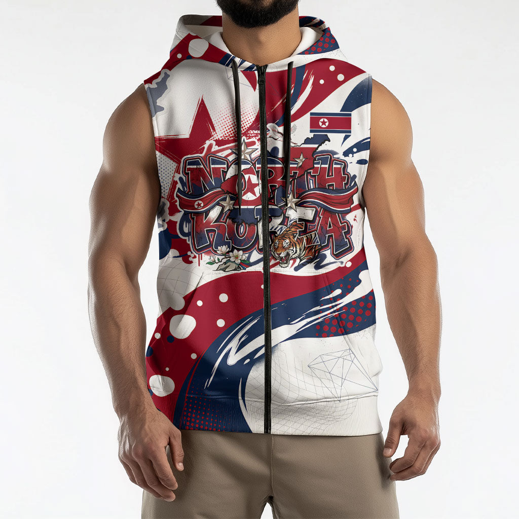 North Korea Flag Day Rise With The Flag Sleeveless Zip Hoodie Dynamic Red Star Paint Splatter With Tiger