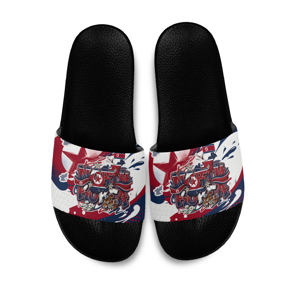 North Korea Flag Day Rise With The Flag Slide Sandals Dynamic Red Star Paint Splatter With Tiger