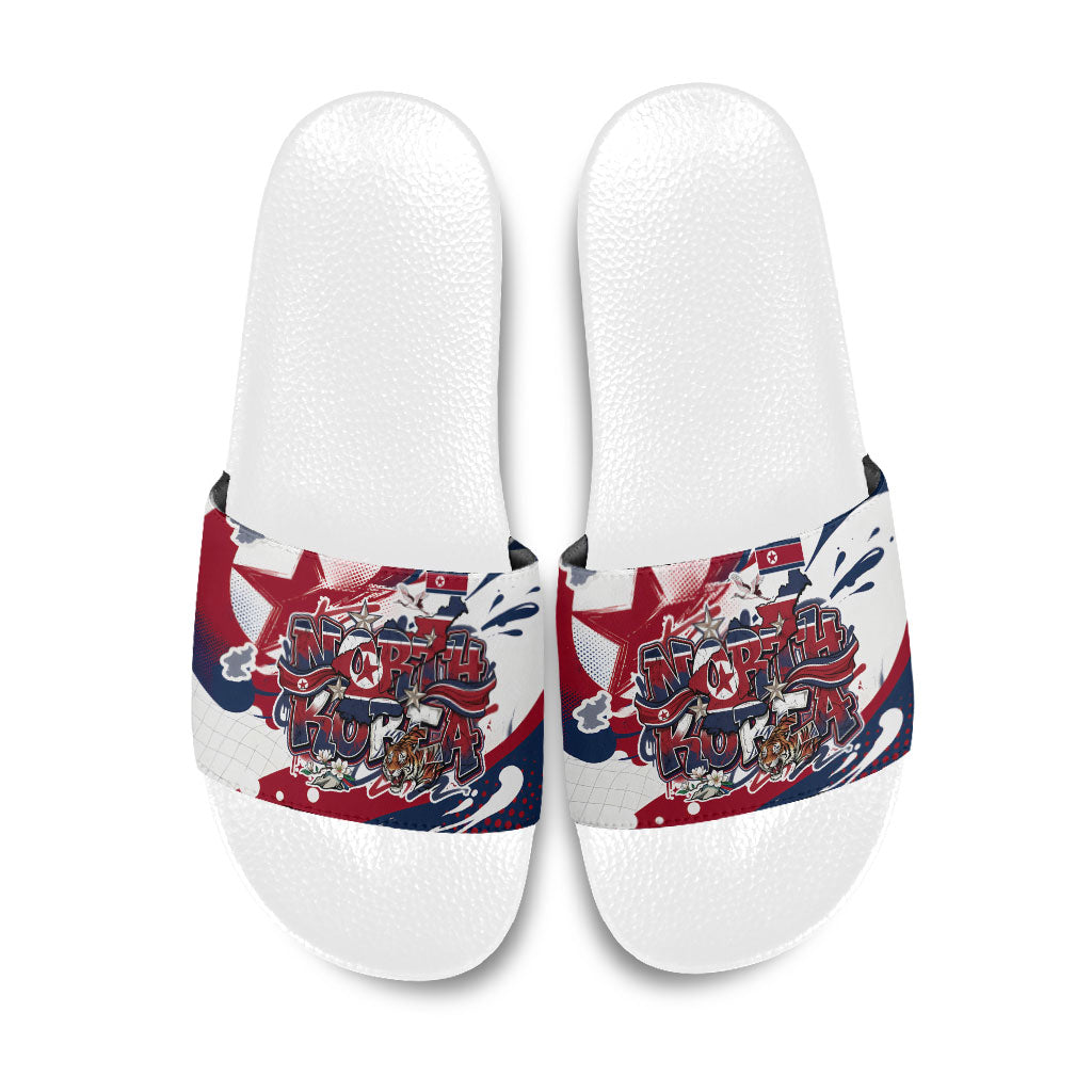 North Korea Flag Day Rise With The Flag Slide Sandals Dynamic Red Star Paint Splatter With Tiger