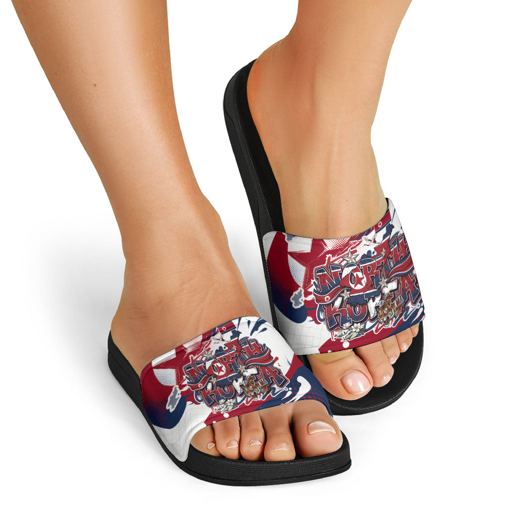 North Korea Flag Day Rise With The Flag Slide Sandals Dynamic Red Star Paint Splatter With Tiger