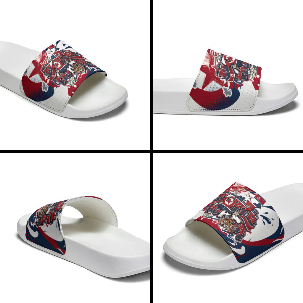 North Korea Flag Day Rise With The Flag Slide Sandals Dynamic Red Star Paint Splatter With Tiger