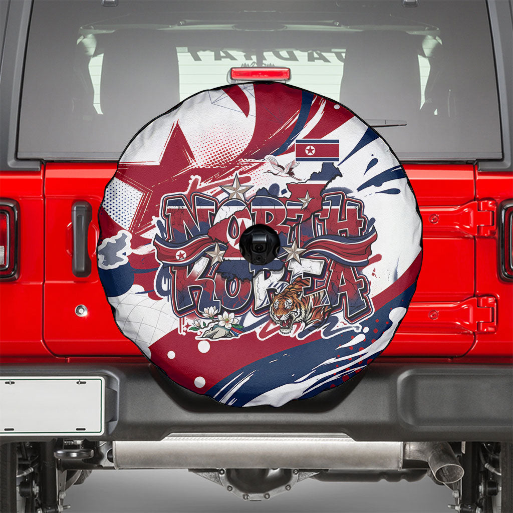 North Korea Flag Day Rise With The Flag Spare Tire Cover Dynamic Red Star Paint Splatter With Tiger