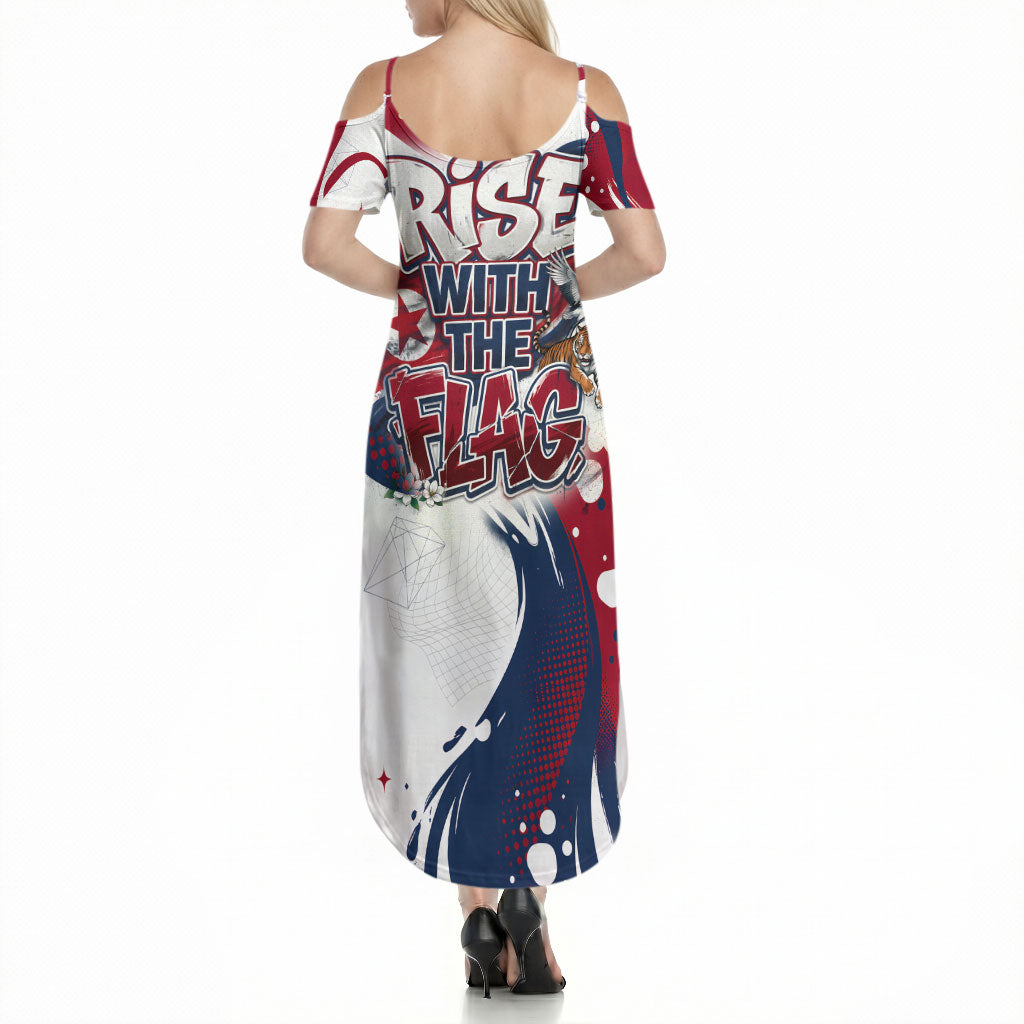 North Korea Flag Day Rise With The Flag Summer Maxi Dress Dynamic Red Star Paint Splatter With Tiger