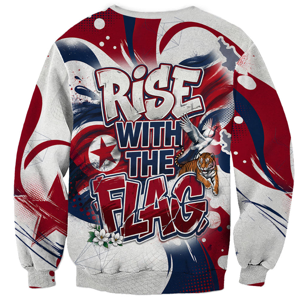 North Korea Flag Day Rise With The Flag Sweatshirt Dynamic Red Star Paint Splatter With Tiger