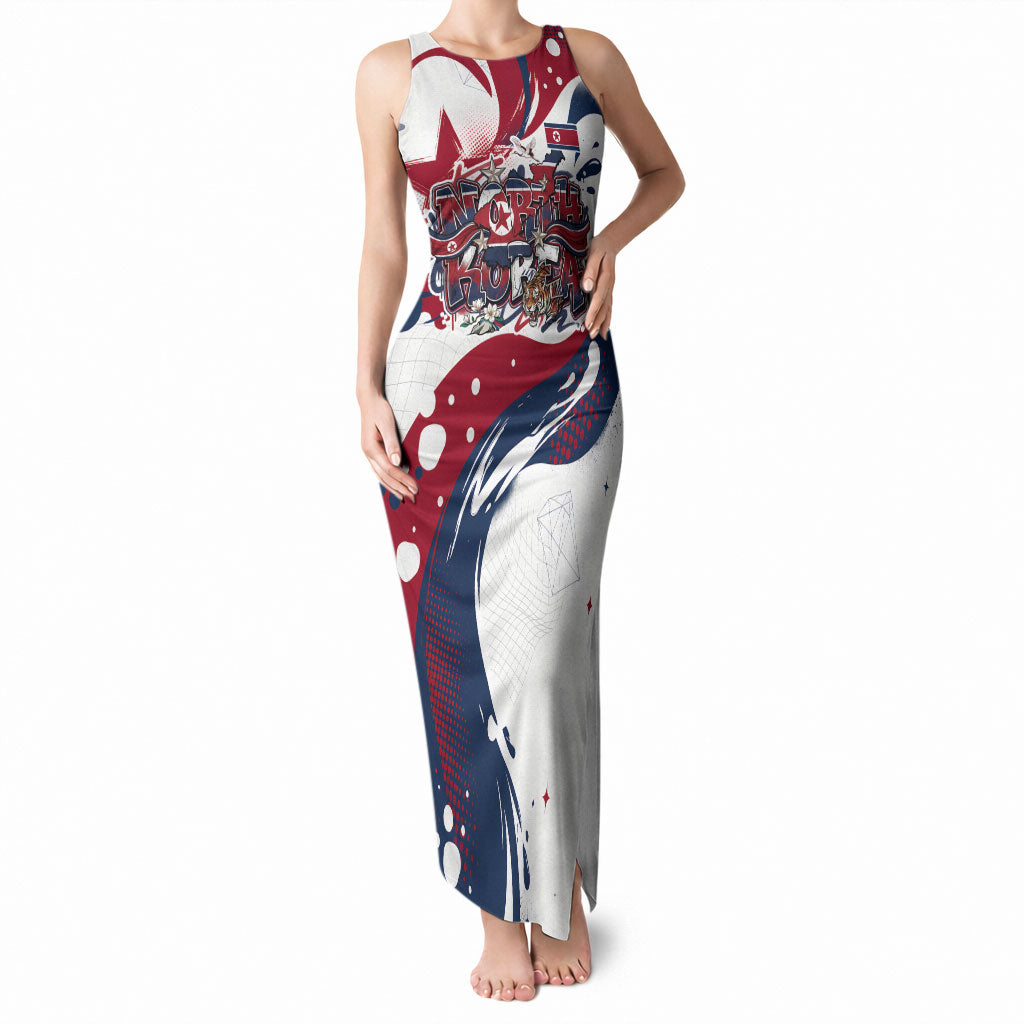 North Korea Flag Day Rise With The Flag Tank Maxi Dress Dynamic Red Star Paint Splatter With Tiger