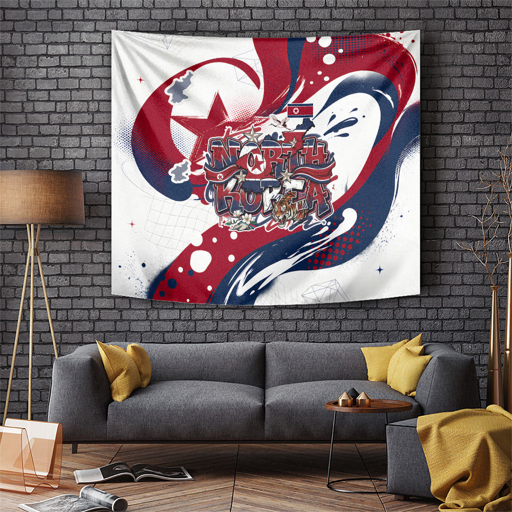 North Korea Flag Day Rise With The Flag Tapestry Dynamic Red Star Paint Splatter With Tiger