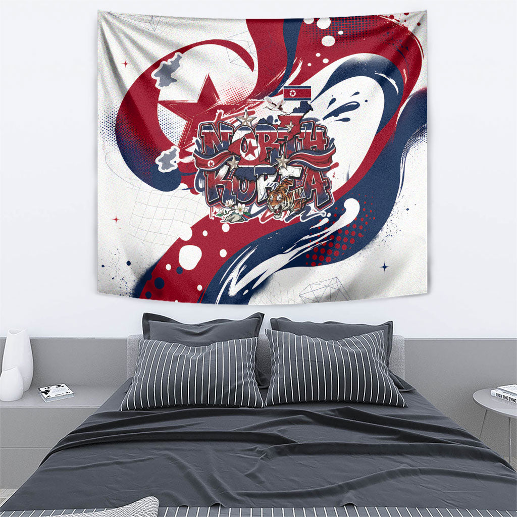 North Korea Flag Day Rise With The Flag Tapestry Dynamic Red Star Paint Splatter With Tiger