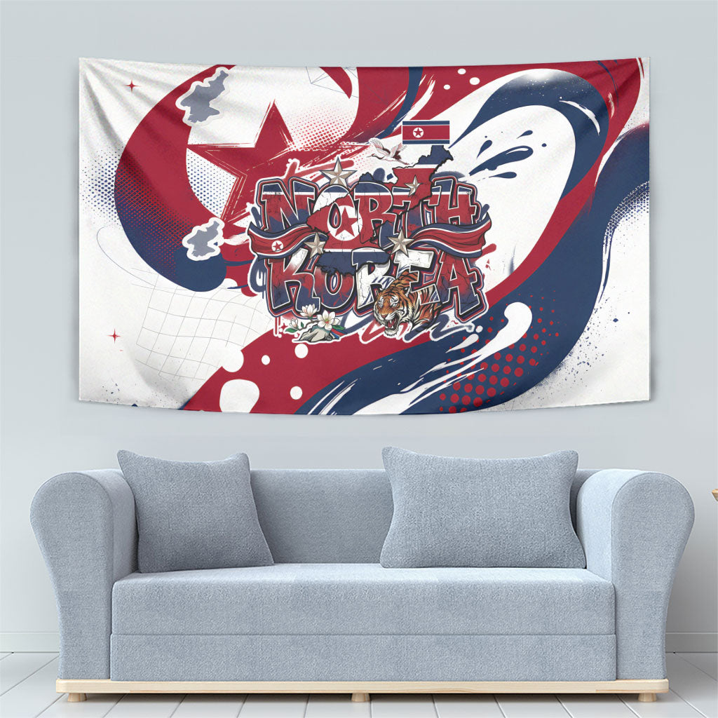 North Korea Flag Day Rise With The Flag Tapestry Dynamic Red Star Paint Splatter With Tiger