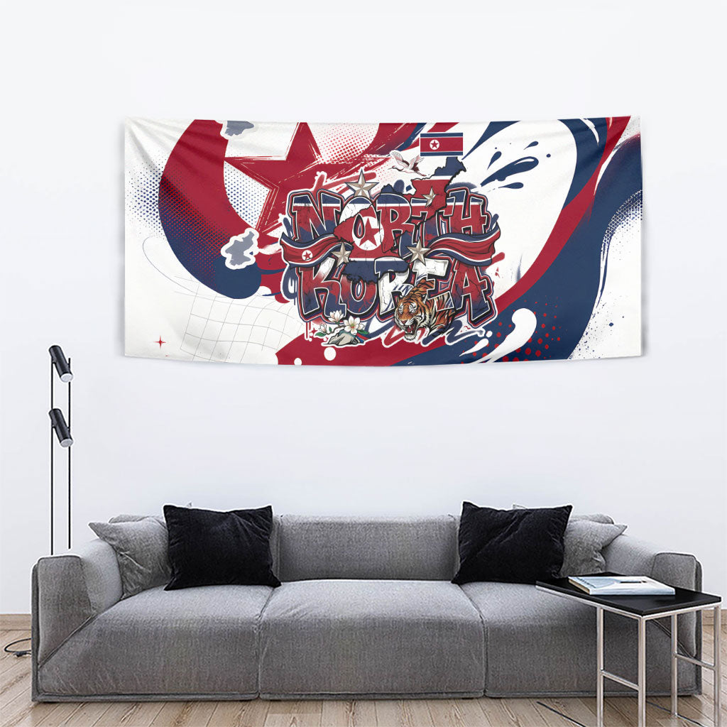 North Korea Flag Day Rise With The Flag Tapestry Dynamic Red Star Paint Splatter With Tiger