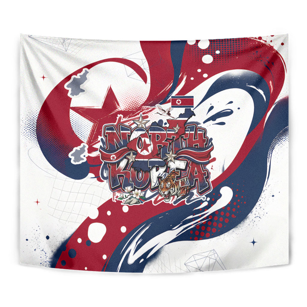 North Korea Flag Day Rise With The Flag Tapestry Dynamic Red Star Paint Splatter With Tiger