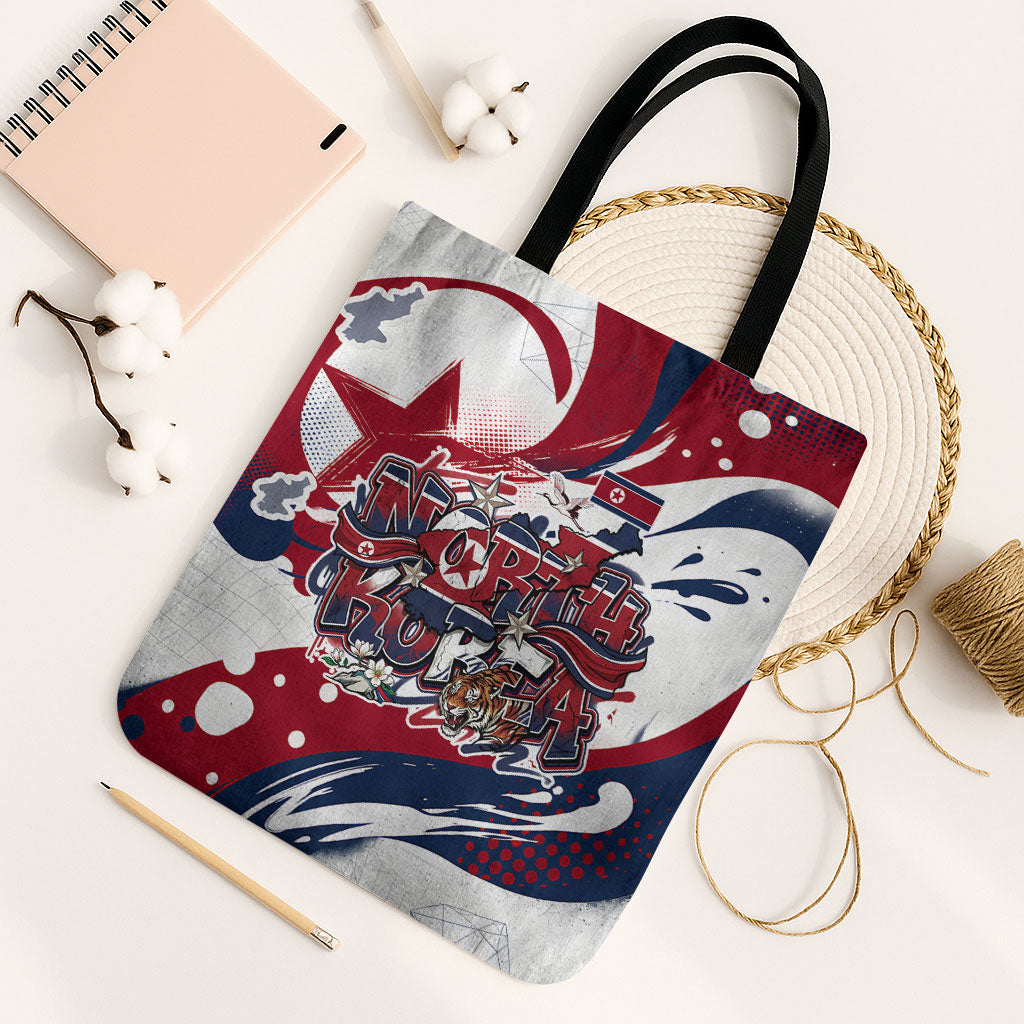 North Korea Flag Day Rise With The Flag Tote Bag Dynamic Red Star Paint Splatter With Tiger