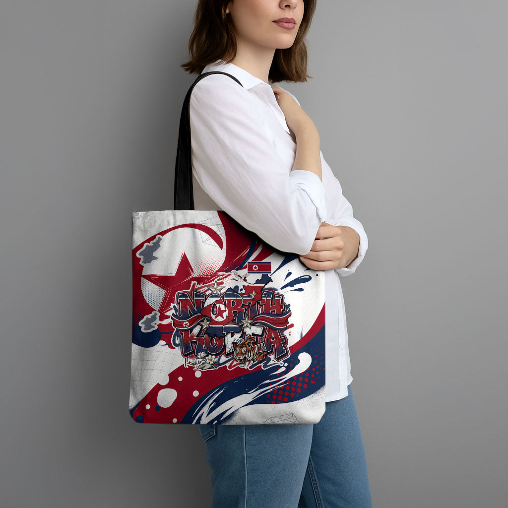North Korea Flag Day Rise With The Flag Tote Bag Dynamic Red Star Paint Splatter With Tiger