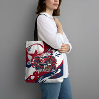 North Korea Flag Day Rise With The Flag Tote Bag Dynamic Red Star Paint Splatter With Tiger