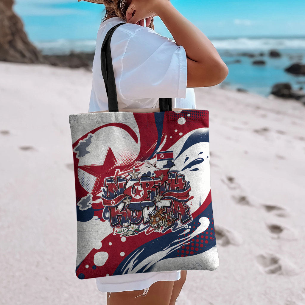 North Korea Flag Day Rise With The Flag Tote Bag Dynamic Red Star Paint Splatter With Tiger