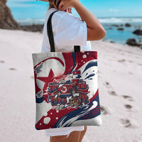 North Korea Flag Day Rise With The Flag Tote Bag Dynamic Red Star Paint Splatter With Tiger