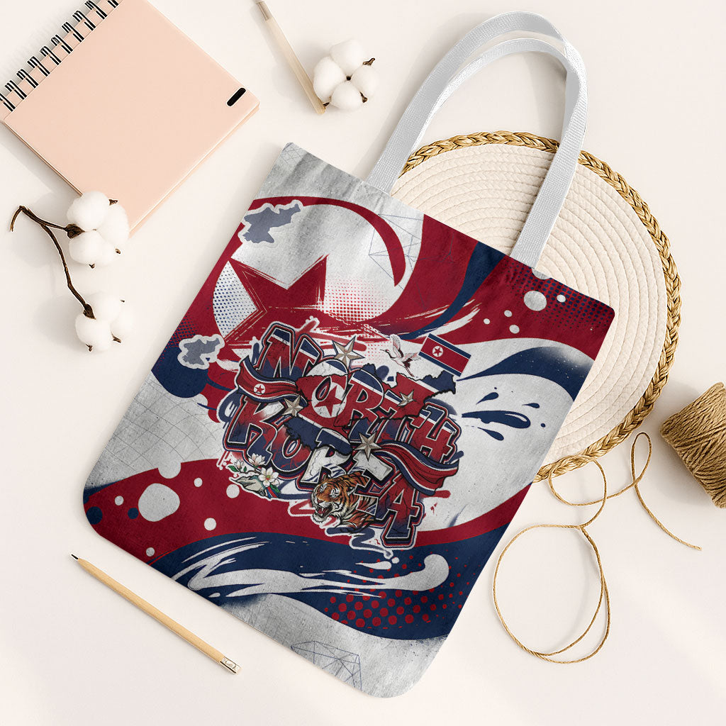 North Korea Flag Day Rise With The Flag Tote Bag Dynamic Red Star Paint Splatter With Tiger
