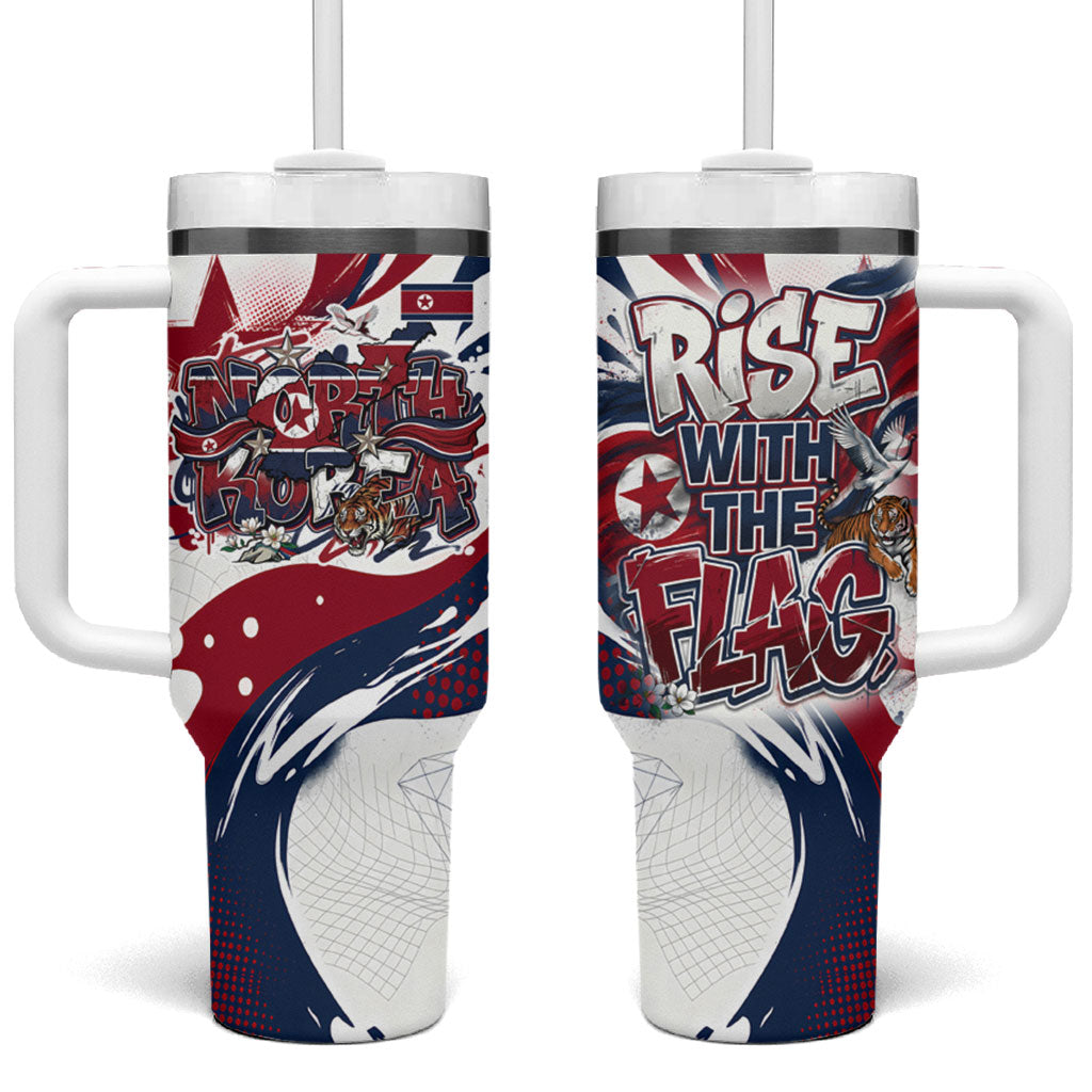North Korea Flag Day Rise With The Flag Tumbler With Handle Dynamic Red Star Paint Splatter With Tiger