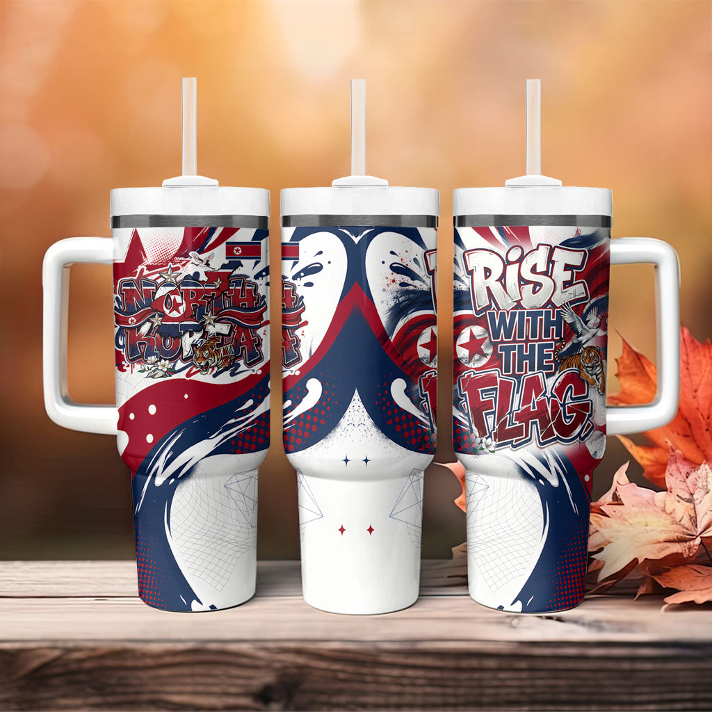 North Korea Flag Day Rise With The Flag Tumbler With Handle Dynamic Red Star Paint Splatter With Tiger