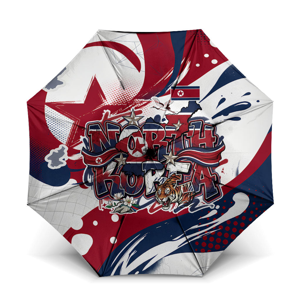 North Korea Flag Day Rise With The Flag Umbrella Dynamic Red Star Paint Splatter With Tiger