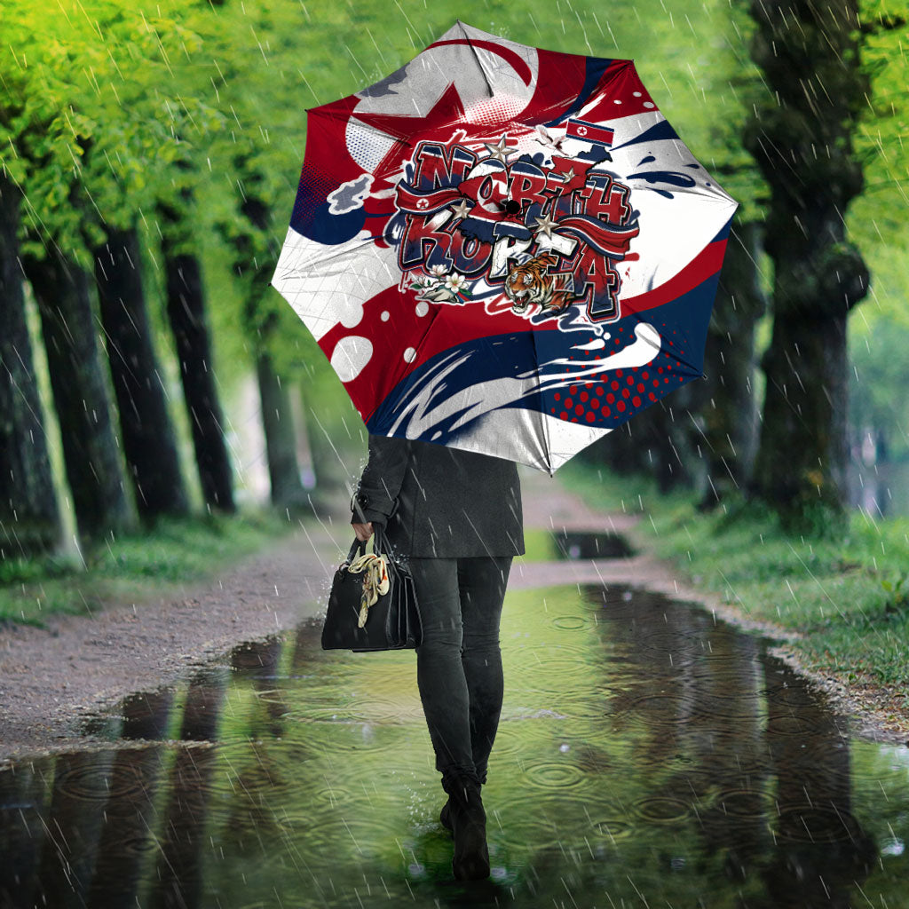 North Korea Flag Day Rise With The Flag Umbrella Dynamic Red Star Paint Splatter With Tiger