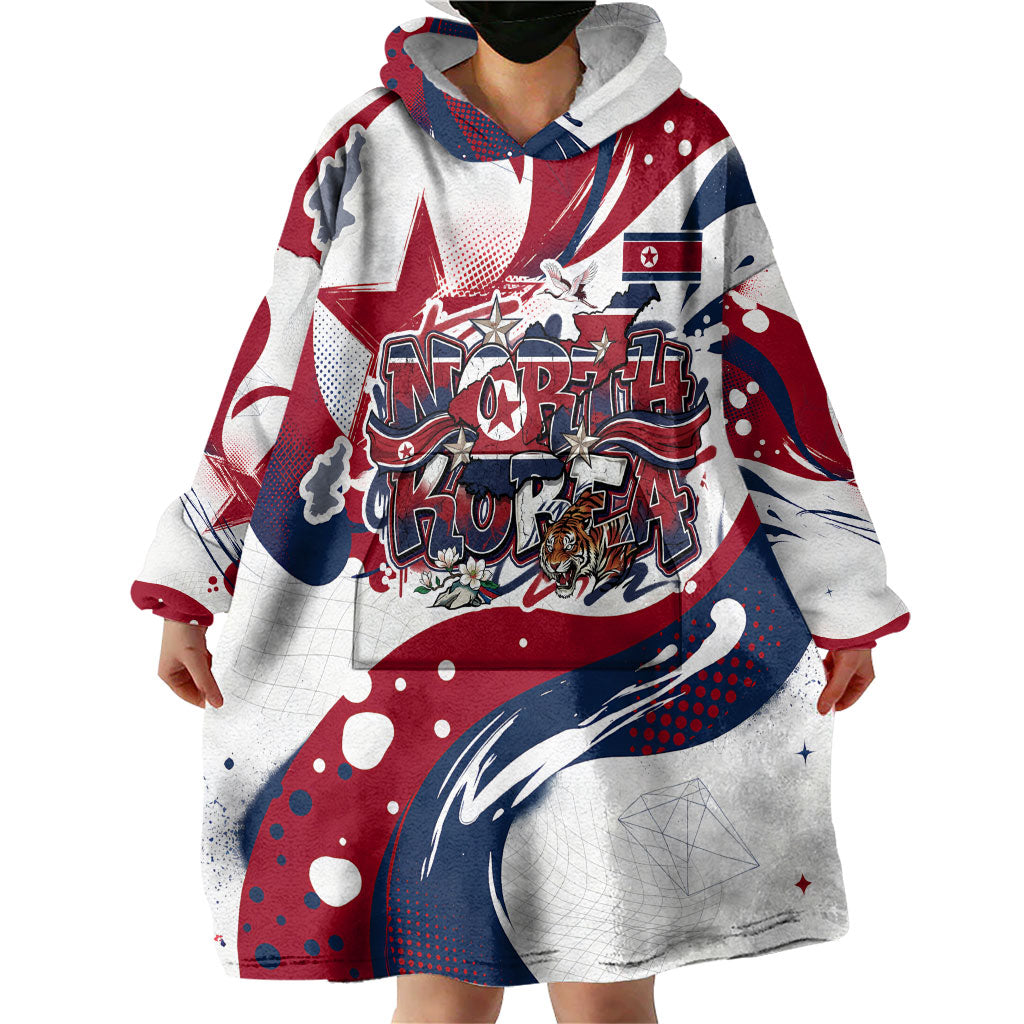 North Korea Flag Day Rise With The Flag Wearable Blanket Hoodie Dynamic Red Star Paint Splatter With Tiger
