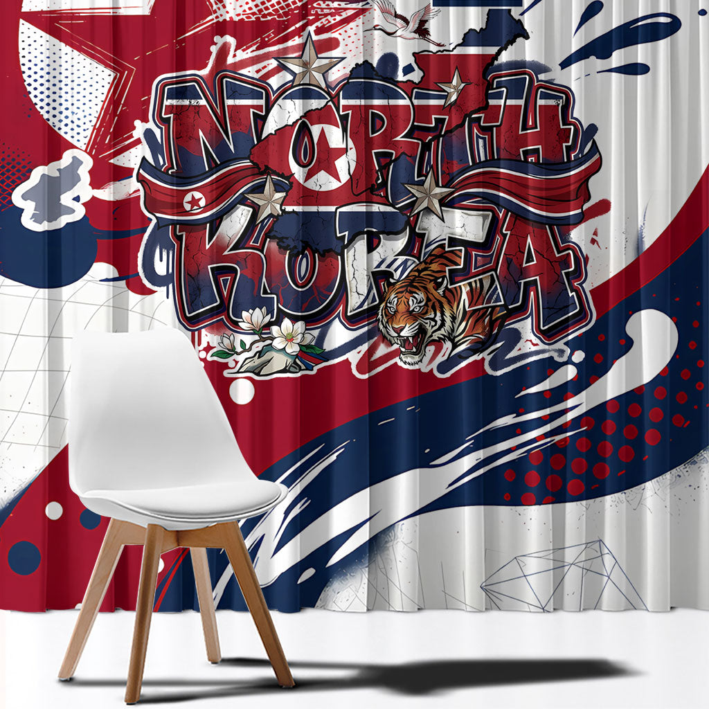 North Korea Flag Day Rise With The Flag Window Curtain Dynamic Red Star Paint Splatter With Tiger