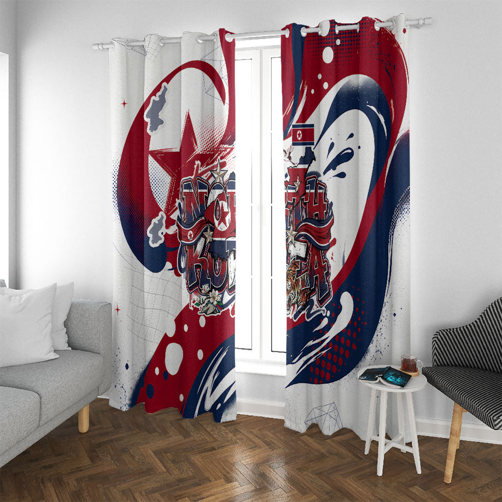 North Korea Flag Day Rise With The Flag Window Curtain Dynamic Red Star Paint Splatter With Tiger