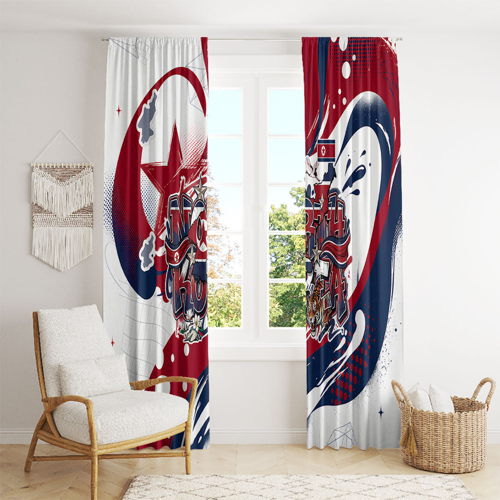 North Korea Flag Day Rise With The Flag Window Curtain Dynamic Red Star Paint Splatter With Tiger
