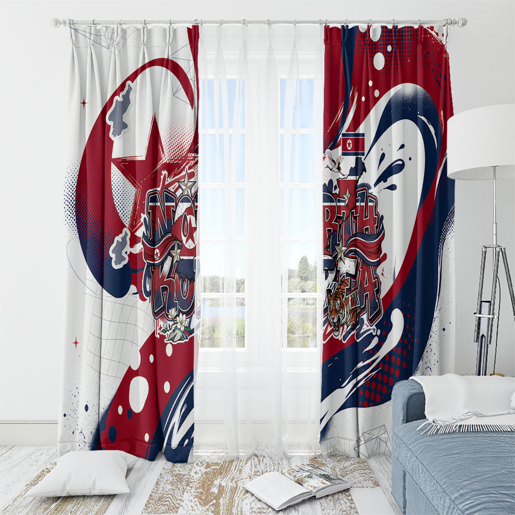 North Korea Flag Day Rise With The Flag Window Curtain Dynamic Red Star Paint Splatter With Tiger