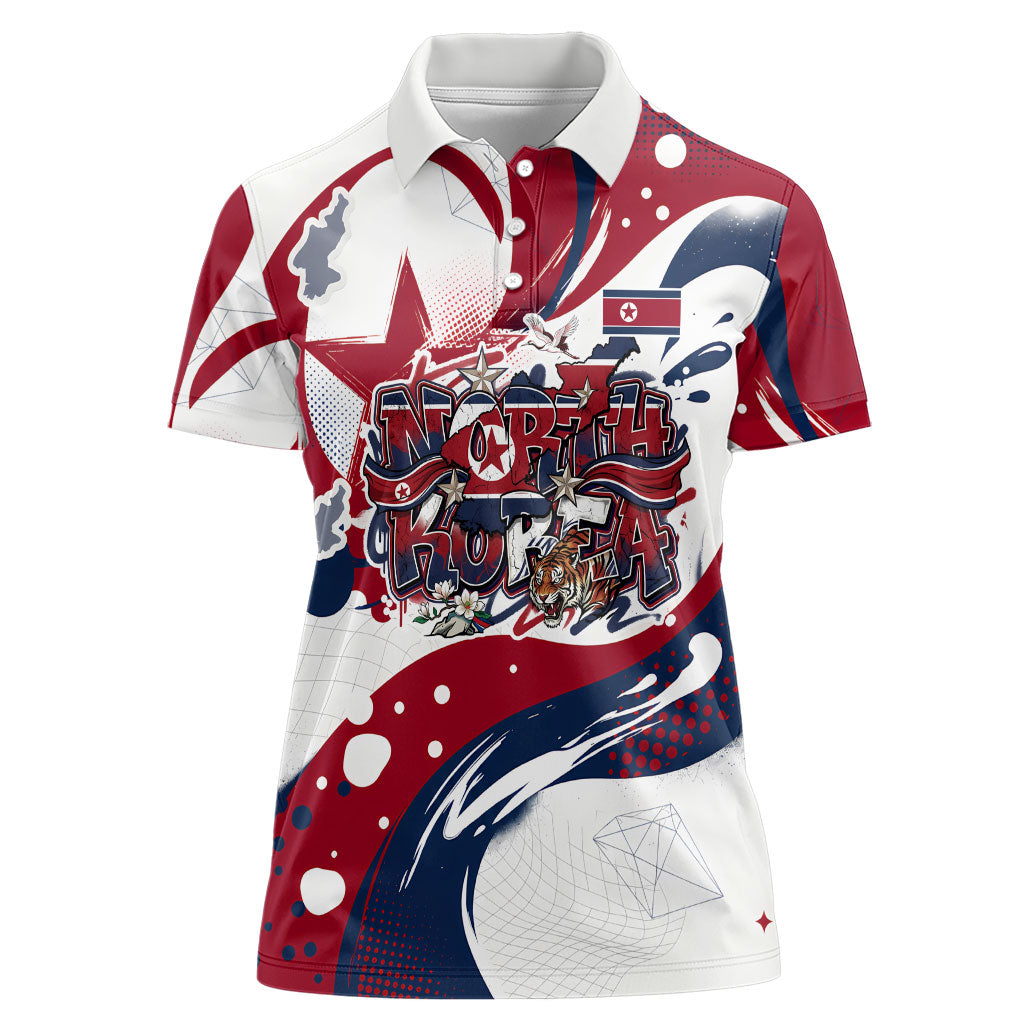 North Korea Flag Day Rise With The Flag Women Polo Shirt Dynamic Red Star Paint Splatter With Tiger