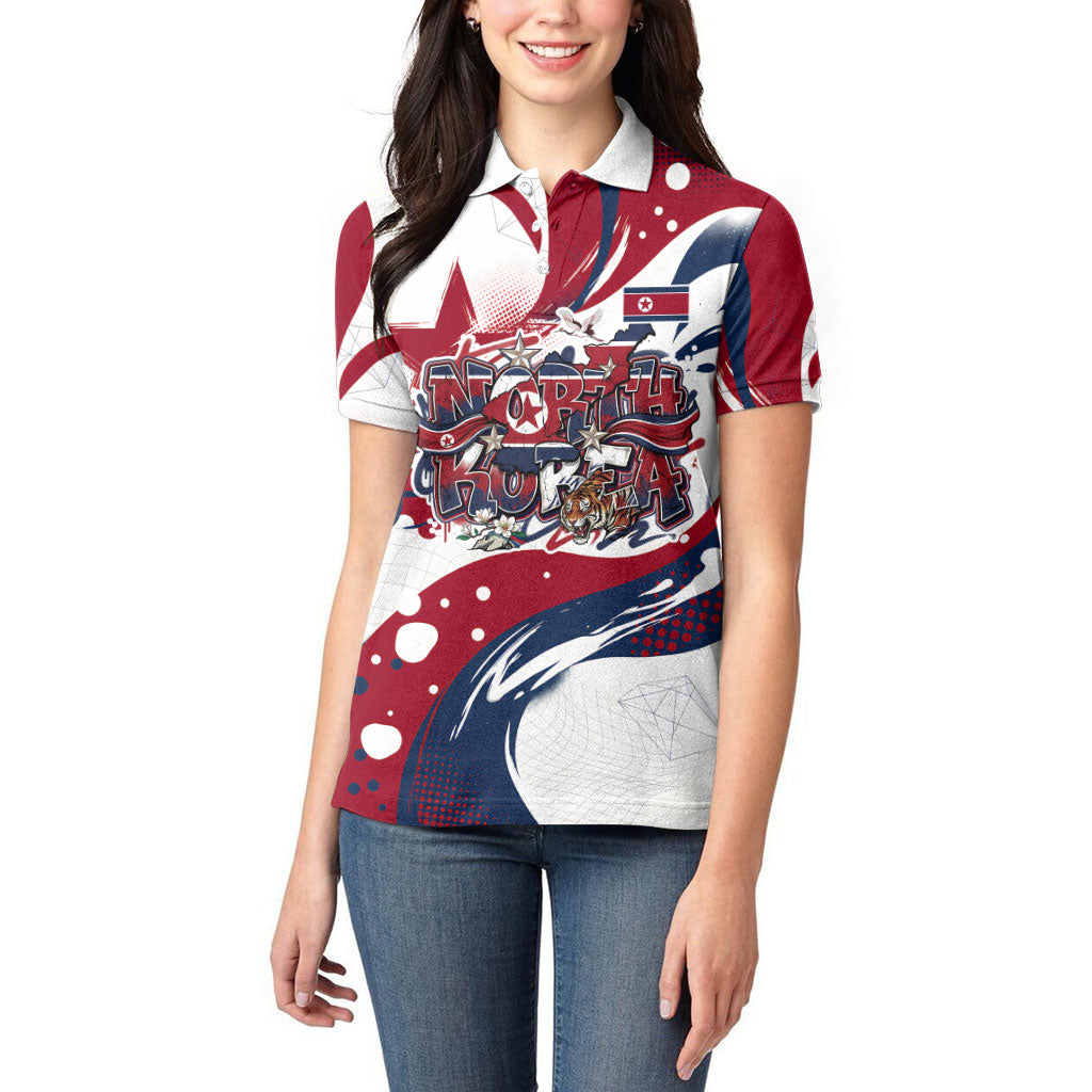 North Korea Flag Day Rise With The Flag Women Polo Shirt Dynamic Red Star Paint Splatter With Tiger