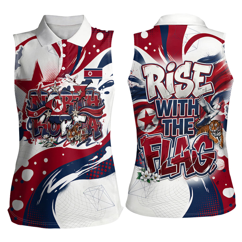 North Korea Flag Day Rise With The Flag Women Sleeveless Polo Shirt Dynamic Red Star Paint Splatter With Tiger