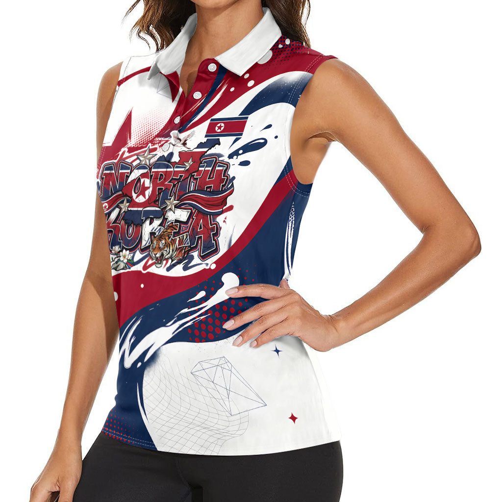 North Korea Flag Day Rise With The Flag Women Sleeveless Polo Shirt Dynamic Red Star Paint Splatter With Tiger